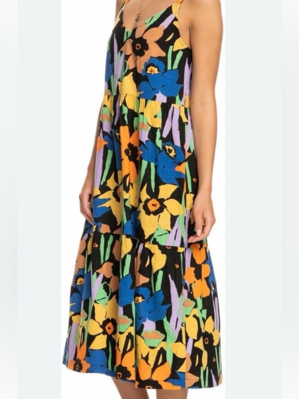 Roxy "Waiting Line" midi dress Multicolor Floral black , Yellow, Blue & Green XS - Picture 1 of 8